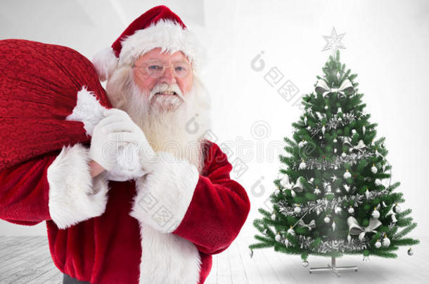 圣诞老人的复合形象带着他的红色包和微笑