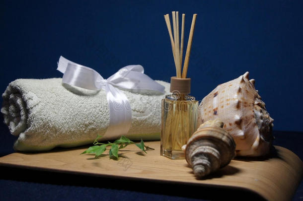 用毛巾、绿叶和贝壳在水疗中心进行芳香疗法