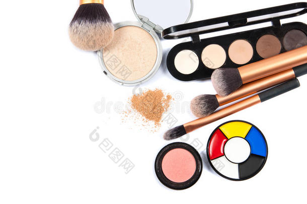 化妆品和化妆品。 专业化妆顶部视图的工具