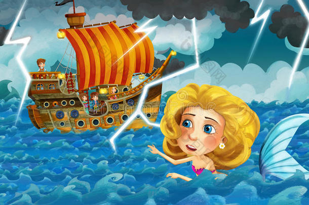 卡通场景与旧船航行在风暴与美人鱼观看
