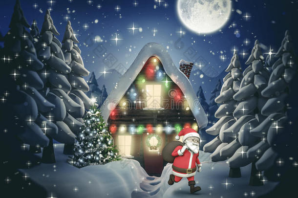 卡通圣诞老人带麻袋跑步的复合图像