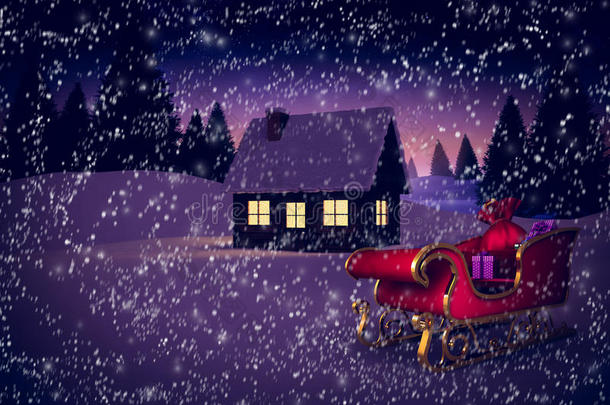 红色和金色圣诞老人雪橇的复合图像