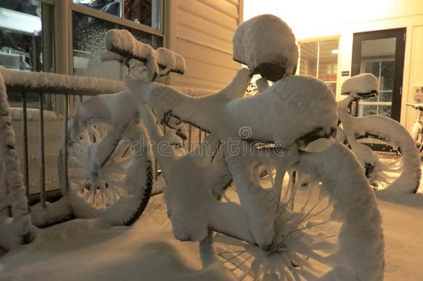自行车架上的自行车在冬天被雪覆盖