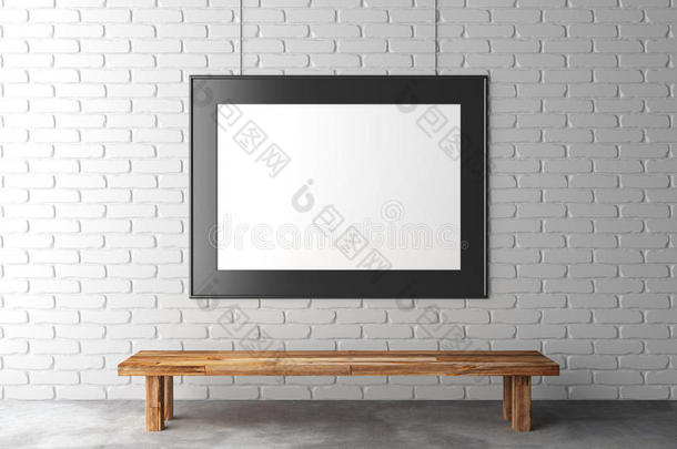 砖墙上的空白画框，混凝土上的木凳