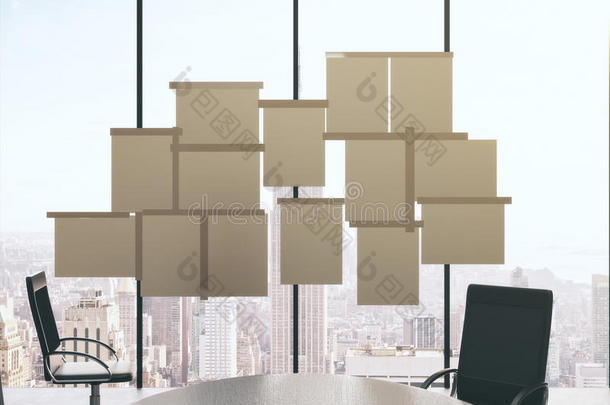 会议室窗户上的白纸海报与家具，模拟