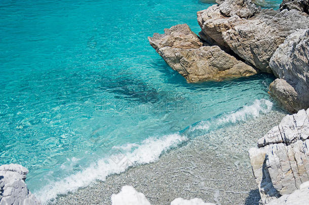 清澈的绿松石海水，石头和波浪。 希腊。