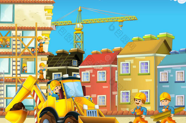 卡通场景与建筑工人-挖掘机-插图为儿童