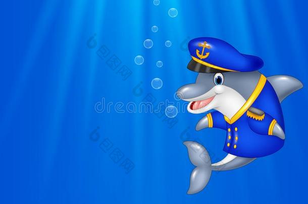 卡通海豚穿着船长制服在海里游泳