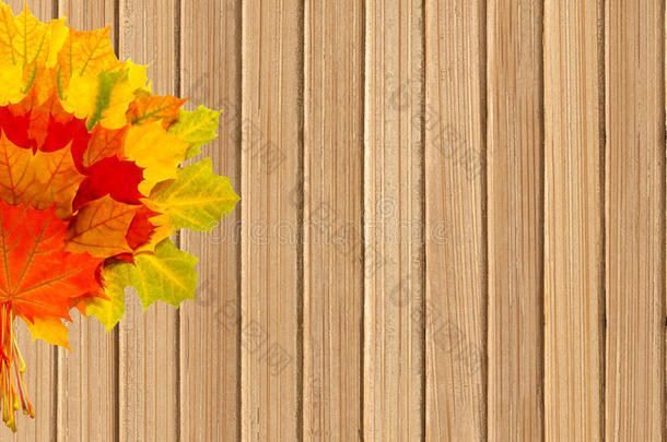 木桌背景上的秋天枫叶