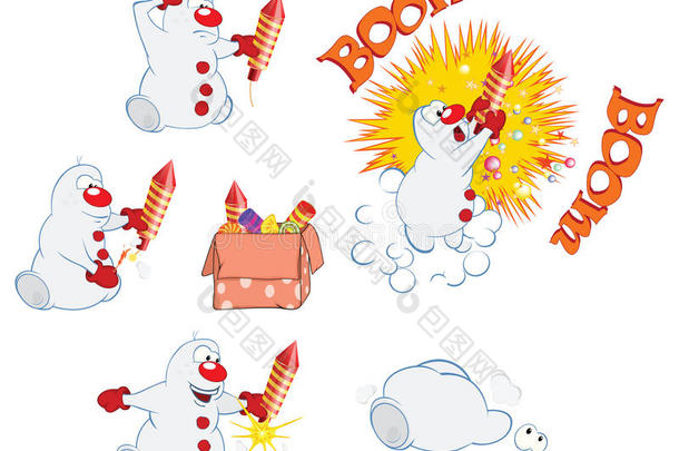卡通插图<strong>一个</strong>有趣的圣诞雪人和<strong>烟花</strong>为您设计