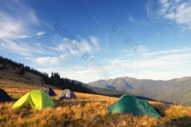日出后在草地上露营帐篷
