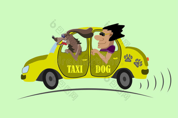 欢快的出租车和司机狗