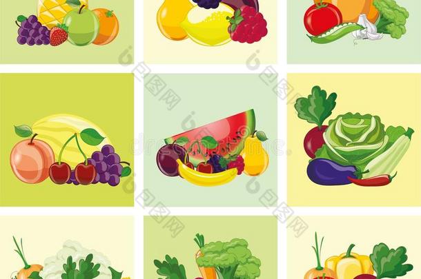 卡通蔬菜和水果图标，矢量