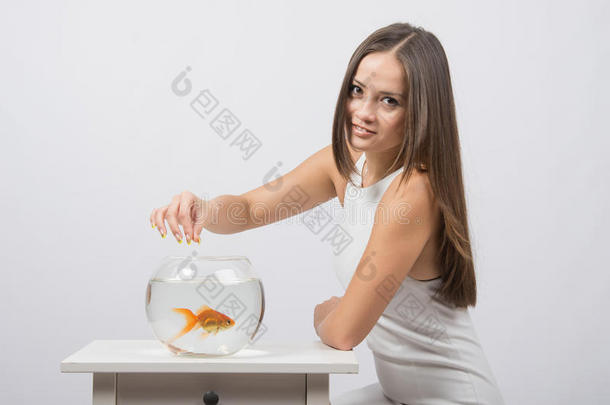 一个年轻的女孩在鱼缸里喂金鱼