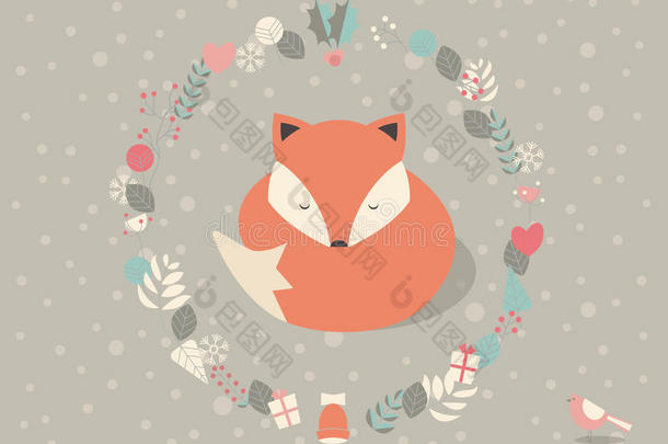 可爱困倦的圣诞狐狸被鲜花装饰包围