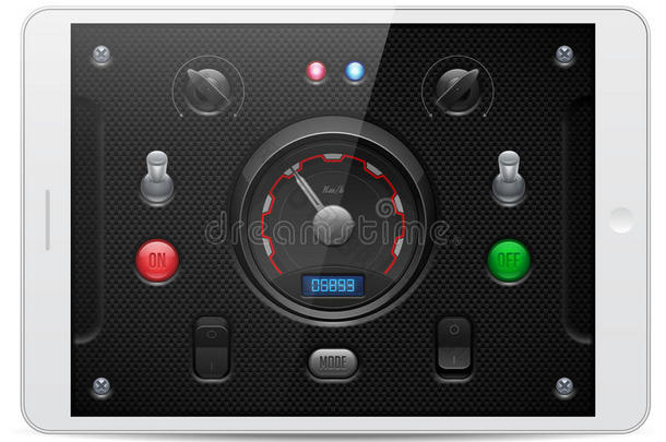 碳UI应用软件控制集。 白色药片垫。 旋钮，开关，按钮，灯，速度。