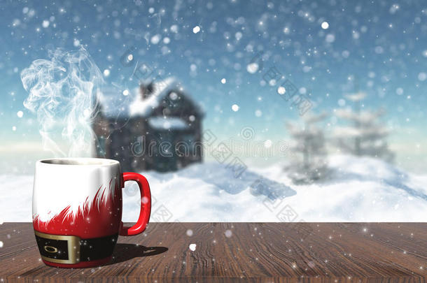 三维圣诞杯在一张桌子上，上面有雪房子的散焦图像