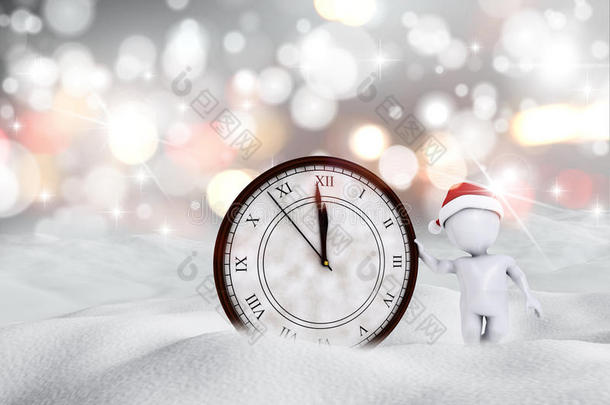 三维快乐的新年雪景与图形和时钟