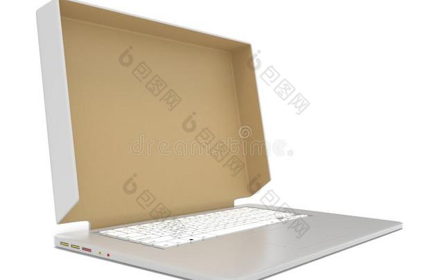 笔记本电脑上的空白纸板<strong>盒盖</strong>。 侧视图。 三维渲染