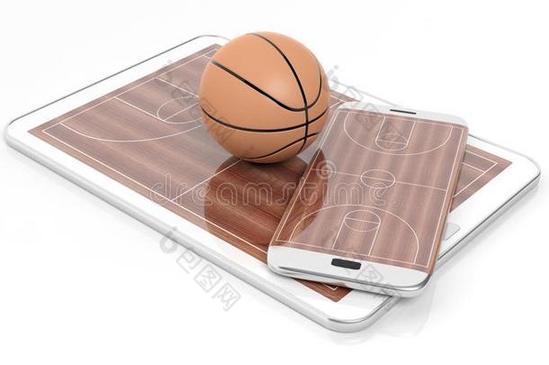 篮球场与球在智能手机边缘和平板显示器