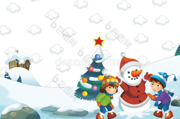 卡通快乐的冬天场景-男孩和女孩堆雪人