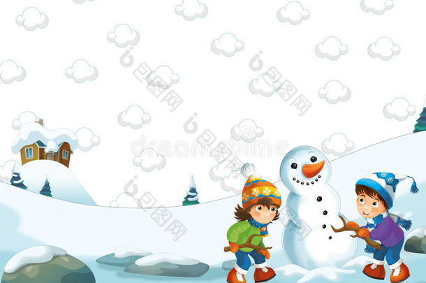 卡通快乐的冬天场景-男孩和女孩<strong>堆雪人</strong>