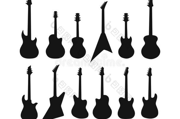 一套各种吉他的轮廓。 低音，电吉他，声学，电声