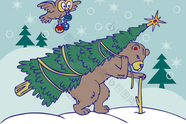 熊扛着圣诞树，猫头鹰在飞翔