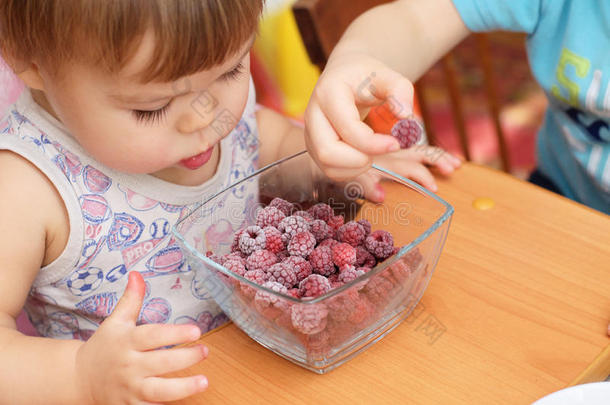 孩子们吃速冻树莓