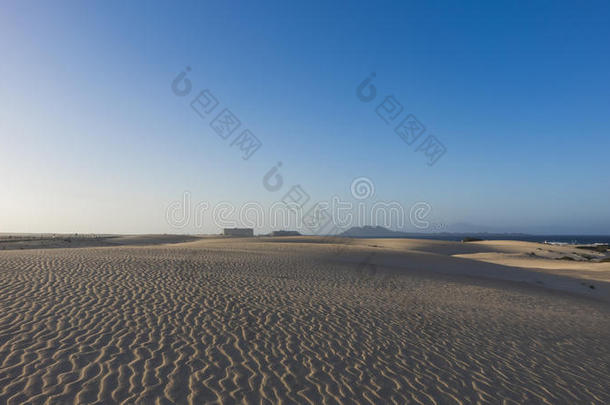 明亮的<strong>太阳</strong>在<strong>图案</strong>化的沙子上，在科拉莱霍，费特文图拉，金丝雀