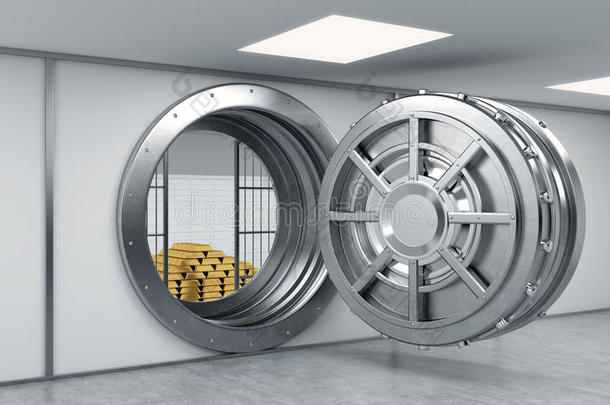 三维渲染一个大的开放圆形金属保险箱在银行存款