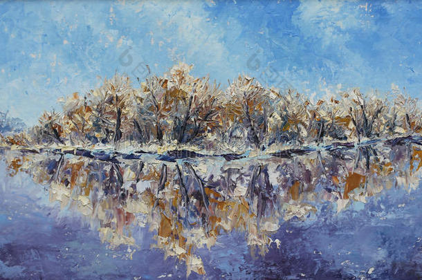 河上霜冻的早晨，油画
