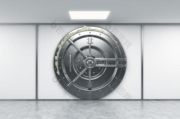 三维渲染一个大的锁定圆形金属保险箱在银行存款