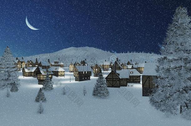 在下雪的冬夜，梦幻般的<strong>乡镇</strong>