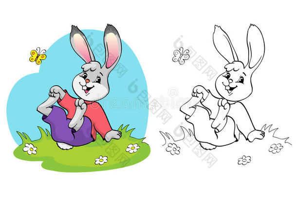 着色书或页面。 兔子在雏菊和蝴蝶之间的草地上。