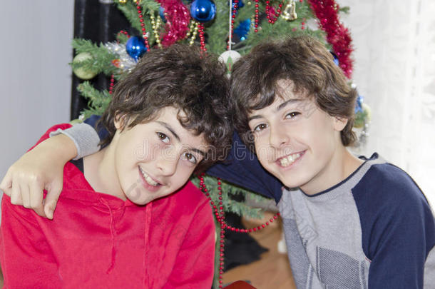 圣诞树和快乐男孩肖像