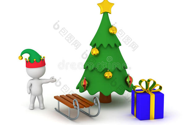 三维角色显示圣诞树与礼物和雪橇