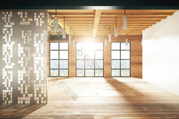 空的现代房间，窗户在地板和木地板上