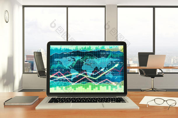 笔记本电脑屏幕上的商业图表，上面有日记和眼镜