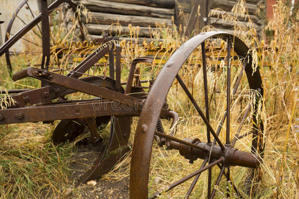 怀俄明州杰克逊<strong>金色草地</strong>上带金属轮的古董犁