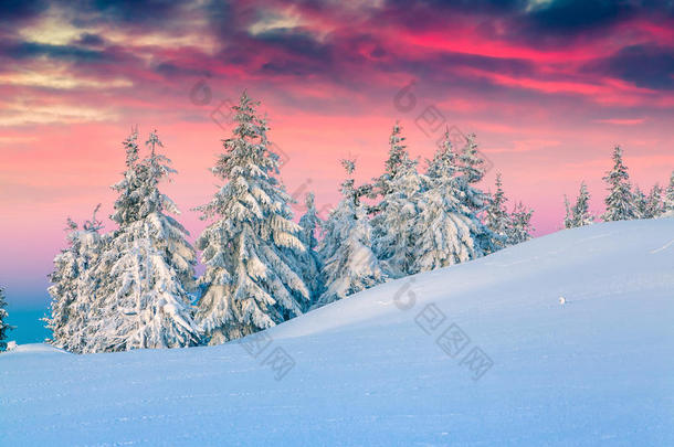 雪山上五颜六色的冬天场景。