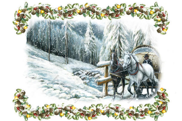 圣诞节冬天快乐的场景与马和一个框架