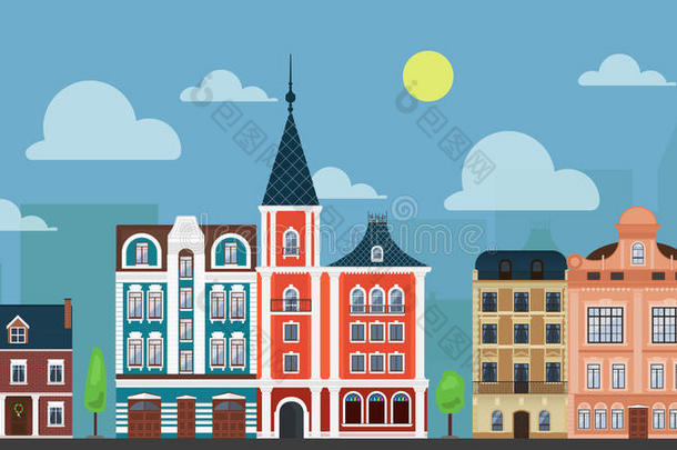 城市城镇城市形状。 豪华老式房屋和其他建筑。