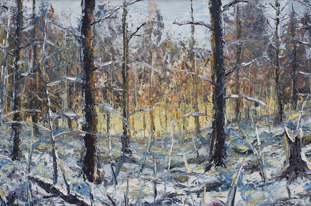 森林冬季景观，油画