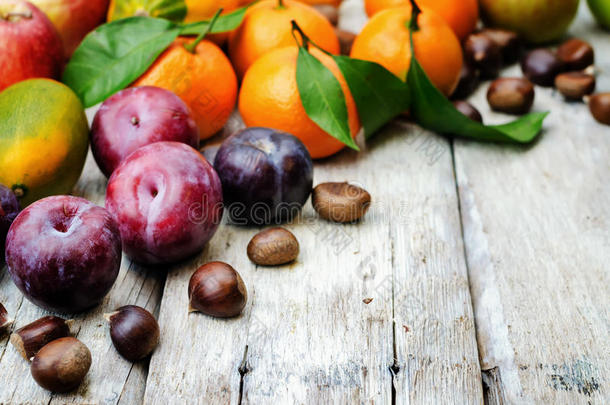 水果。 橘子，李子，<strong>南瓜</strong>，苹果和栗子