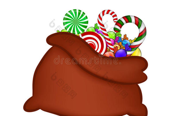 圣诞老人包，带糖果的袋子。 在白色背景上分离的矢量插图。