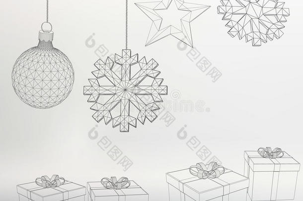 圣诞装饰和礼品盒矢量插图。多边形三角形。多边形的结构网格。抽象创意