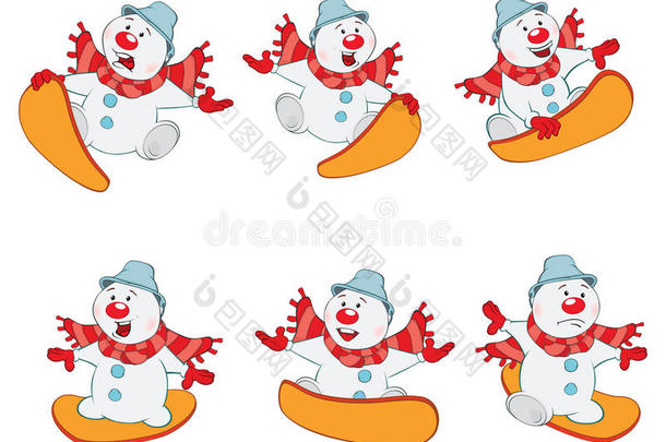 卡通插图一个有趣的圣诞雪人为您设计。 滑雪板。 卡通人物