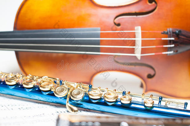 蓝色长笛细节与小提琴和配乐