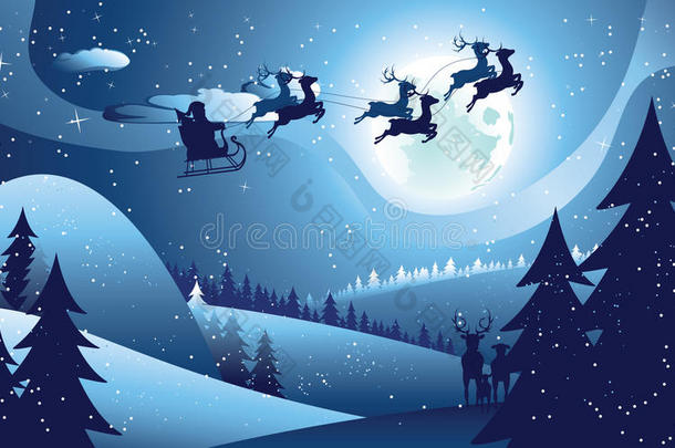 飞行圣诞老人和冬季森林